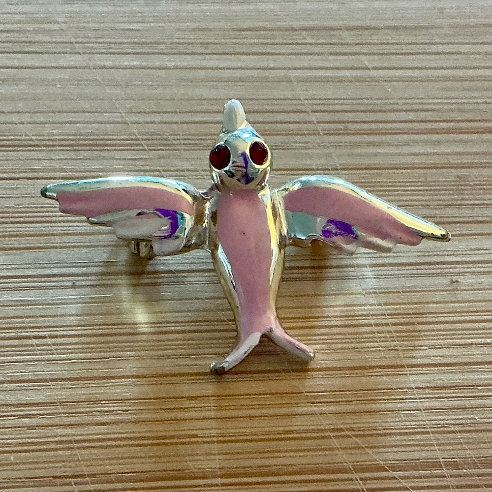 Vtg Enamel Sparrows Pink Birds In Flight Brooches Pins Red Eyes Hand Painted MCM